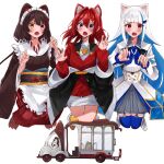  3girls ange_katrina ange_katrina_(1st_costume) animal_ears apron armband banken_(inui_toko) bird black_coat black_sash blue_armband blue_eyes blue_hair blue_neckerchief blue_thighhighs blunt_bangs blush boots brown_boots brown_hair brown_kimono bus cardigan cat_ears cat_girl claw_pose clawed_boots coat collared_shrug colored_inner_hair commentary_request dog_ears dog_girl dog_hair_ornament double-parted_bangs dress driving fang flower frilled_apron frills grey_skirt hair_between_eyes hair_flower hair_intakes hair_ornament hands_up heterochromia highres inui_toko inui_toko_(1st_costume) japanese_clothes kemonomimi_mode kimono layered_skirt lize_helesta lize_helesta_(1st_costume) long_hair long_sidelocks long_skirt long_sleeves looking_at_viewer maid_headdress mandragora_(ange_katrina) miniskirt motor_vehicle multicolored_hair multiple_girls neckerchief nijisanji obi obiage obijime off_shoulder open_mouth people_hitobito pleated_skirt purple_eyes red_cardigan red_eyes red_hair red_skirt sanbaka_(nijisanji) sash sebastian_piyodore shirt short_dress shrug_(clothing) sidelocks simple_background skirt streaked_hair thighhighs two-tone_hair v-shaped_eyebrows very_long_hair virtual_youtuber waist_apron white_apron white_background white_boots white_dress white_hair white_headdress white_shirt white_shrug white_skirt yellow_eyes 