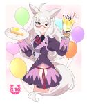  09sdab 1girl animal_ears balloon banana banana_slice biwa_hayahide_(pf._winning_equation...)_(umamusume) biwa_hayahide_(umamusume) black_shirt blush cake clothing_cutout commentary_request cropped_legs dated ear_ornament food fruit glasses hair_ornament hands_up happy_birthday heart_balloon highres holding holding_plate horse_ears horse_girl horse_tail jacket long_hair looking_at_viewer mini_flag parfait pink_skirt plate purple_jacket red-framed_eyewear red_ribbon ribbon shirt skirt skirt_cutout smile solo tail umamusume white_hair yellow_eyes 