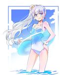  blue_eyes blue_innertube blue_sky bracelet breasts cleavage cloud cloudy_sky commentary covered_navel day earrings hair_ornament iesupa innertube jewelry long_hair medium_breasts one-piece_swimsuit ponytail rwby scar scar_across_eye sky smile solo swimsuit transparent wading water weiss_schnee white_hair 