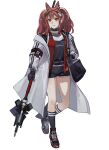  1girl absurdres angelina_(arknights) animal_ears arknights bag black_bag black_collar black_gloves black_shirt black_shoes black_shorts black_socks brown_hair coat collar commentary duffel_bag earpiece fox_ears fox_girl full_body gloves hairband highres holding holding_staff infection_monitor_(arknights) jacket kneehighs lips long_hair long_sleeves looking_at_viewer multicolored_hairband open_clothes open_coat open_jacket red_eyes red_hairband red_jacket shirt shoes short_shorts shorts simple_background smile sneakers socks solo staff striped_clothes striped_hairband twintails two-tone_hairband untranslatable_commentary unzipped white_background white_coat yivlet 
