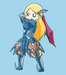  1girl arm_up armor armored_boots blonde_hair blue_armor blue_eyes boots commentary_request deformed drive_blade_(sekaiju) full_body hair_ornament holding holding_sword holding_weapon imperial_(sekaiju) imperial_2_(sekaiju) legs_apart long_hair naga_u open_mouth pants parted_bangs pauldrons sekaiju_no_meikyuu sekaiju_no_meikyuu_4 shoulder_armor simple_background solo standing striped_clothes striped_pants sword v-shaped_eyebrows vertical-striped_clothes vertical-striped_pants weapon 