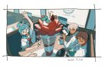  1girl 1other 2026 2boys ahoge ahoge_girl_(jimini_shijimi) aqua_eyes aqua_hair aqua_sailor_collar aqua_serafuku arm_up blunt_bangs border brown_hair cellphone collared_shirt commentary_request crossed_bangs cup dark-skinned_male dark_skin dated dessert diner drinking_straw food fruit hair_between_eyes highres holding holding_cup holding_phone ice_god_(jimini_shijimi) indoors jimini_shijimi long_sleeves looking_at_viewer mug multiple_boys neckerchief no_pupils original out_of_frame phone pov red_neckerchief sailor_collar school_uniform serafuku shirt short_eyebrows short_hair short_sleeves sidelocks sitting smartphone strawberry table white-haired_man_(jimini_shijimi) white_border white_hair 