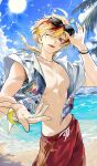  1boy adjusting_eyewear beach blonde_hair blue_sky bracelet braid chaldea_nankai_dai_kessen cloud commentary_request cowboy_shot cross cross_necklace day eyewear_on_head fate/grand_order fate_(series) floating_clothes floating_neckwear game_asset jewelry long_hair looking_at_viewer male_focus male_swimwear multicolored_hair necklace offering_hand official_art one_eye_closed open_clothes open_mouth open_shirt palm_tree partial_commentary red_eyes red_male_swimwear red_streaks richard_i_(fate) richard_i_(spirit_lord)_(fate) shore short_sleeves single_braid sky solo streaked_hair sun sunglasses swim_trunks tatsuta_age third-party_source topless_male tree unbuttoned wind 