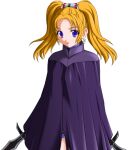  1girl 2000s_(style) :o ayato_yui blonde_hair blue_eyes blush cape cloak cowboy_shot cross cross_earrings dagger dual_wielding earrings game_asset holding holding_weapon jewelry knife kourin_tenshi_en_ciel_rena large_variant_set long_hair looking_at_viewer lowres magical_girl non-web_source official_art open_mouth orange_hair piena_melqual purple_cloak saitou_natsuki self-datamine simple_background solo standing tachi-e transparent_background twintails variant_set weapon 