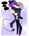  2girls absurdres black_hat hat highres humanoid_robot jacket mechanical_arms multiple_girls murder_drones purple_eyes purple_hair robot sd_annii shirt short_hair simple_background skirt uzi_(murder_drones) v_(murder_drones) white_background 