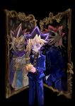  3boys ancient_egyptian ancient_egyptian_clothes armlet atem black_background black_choker black_shirt blue_jacket blue_pants cactusxii cape choker closed_eyes colored_bangs colored_tips commentary_request crossed_arms dark-skinned_male dark_persona dark_skin different_reflection facing_to_the_side holding jacket jewelry looking_down male_focus millennium_puzzle mirror multicolored_hair multiple_boys muto_yugi necklace open_clothes open_jacket pants popped_collar purple_cape purple_eyes red_eyes reflection robe shirt spiked_hair time_paradox white_robe yami_yugi yu-gi-oh! yu-gi-oh!_duel_monsters 