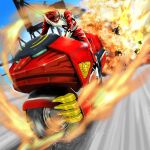  1boy absurdres assault_visor black_visor bodysuit boots commentary_request explosion fire galeo_pulsar ginga_red gloves helmet highres male_focus motor_vehicle motorcycle multicolored_bodysuit official_art on_motorcycle outdoors rangers_strike red_bodysuit red_helmet riding riding_motorcycle seijuu_sentai_gingaman solo super_sentai tokusatsu walkon3310 white_bodysuit white_boots white_gloves 
