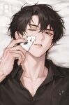  1boy animal animalization black_eyes black_hair black_shirt collarbone collared_shirt commentary demon_king_of_salvation hair_between_eyes hamster kim_dokja lying male_focus omniscient_reader's_viewpoint on_back on_bed one_eye_closed parted_lips pocket portrait shirt shjpt short_hair solo teeth untranslatable_commentary yoo_joonghyuk 