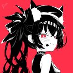  1girl animal_ear_fluff animal_ears bare_shoulders black_hair black_hat blue_archive blush bright_pupils cat_ears closed_mouth collar commentary crossed_bangs english_commentary extra_ears from_side greyscale_with_colored_background hair_between_eyes hair_ribbon hat headset heart highres horns limpiderm long_hair looking_at_viewer looking_back microphone military_hat monochrome peaked_cap red_background red_eyes ribbon serika_(blue_archive) shirt sidelocks signature simple_background sleeveless sleeveless_shirt smile smug solo spiked_collar spikes twintails upper_body 