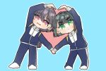  2girls :d arm_up black_hair blue_background blue_jacket blue_pants blue_track_suit blunt_bangs blunt_ends bob_cut commentary_request full_body green_eyes hair_intakes hair_ornament hasu_no_sora_gym_uniform heart_arms heart_arms_duo highres jacket jellyfish_cut katsuragi_izumi leaning_to_the_side long_hair long_sleeves looking_at_viewer love_live! love_live!_hasu_no_sora_jogakuin_school_idol_club momose_ginko multiple_girls open_mouth outline outstretched_arm pants pink_eyes puripuri_hurai shoes short_hair simple_background smile standing sweatdrop track_jacket track_pants track_suit triangle_hair_ornament v-shaped_eyebrows virtual_youtuber white_outline white_shoes 