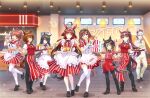  6+girls agnes_tachyon_(umamusume) ahoge animal_ears apron bag biscuit_(bread) black_bow black_hair black_pants black_ribbon black_shoes black_thighhighs blunt_bangs blunt_ends blunt_sidelocks blush bow braid breasts brown_eyes brown_hair brown_hat bucket_of_chicken buena_vista_(umamusume) checkered_hairband checkered_ribbon chicken_(food) chicken_leg chicken_sandwich collared_shirt colonel_sanders colonel_sanders_(cosplay) cosplay dantsu_flame_(umamusume) dress ear_covers ear_ribbon ear_tag earrings employee_uniform facial_hair fast_food fast_food_uniform food french_fries fried_chicken frills glasses gold_ship_(umamusume) grey_hair hair_between_eyes hair_ornament hairband hat highres holding holding_bag holding_tray horse_ears horse_girl horse_tail jacket jewelry kfc large_breasts long_bangs long_hair long_hair_between_eyes long_sleeves looking_at_viewer lucky_lilac_(umamusume) manhattan_cafe_(umamusume) medium_breasts medium_hair multicolored_hair multiple_girls mustache neck_ribbon official_alternate_costume official_art open_mouth pants pillbox_hat pink_hairband purple_eyes red_apron red_desire_(umamusume) red_dress red_eyes red_hair red_hairband red_headdress red_shirt red_veil red_vest ribbon second-party_source shirt shoes short_hair side_ponytail sidelocks single_earring small_breasts smile star_ornament stay_gold_(umamusume) streaked_hair string_tie striped_clothes striped_dress tail thighhighs tray umamusume veil vertical-striped_clothes vertical-striped_dress vest waist_apron waitress white_apron white_hair white_jacket white_pants white_shirt white_thighhighs yellow_eyes 