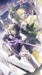 6+girls absurdres ahoge alternate_costume araga_kiwi artist_request battle black_hair bow bowtie bruise building bullet city commission dress dual_wielding faceless faceless_female ferris_wheel gloves green_hair gun handgun highres hiiragi_utena holding holding_gun holding_sword holding_weapon injury laser_sight long_hair magical_girl mahou_shoujo_ni_akogarete medium_hair multiple_girls necktie night open_mouth outdoors pants school_uniform shoes skirt smile socks suit sword weapon yellow_eyes 