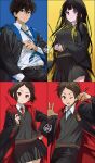  2boys 2girls artist_logo belt black_hair black_pants black_robe black_sweater blonde_hair blue_necktie blue_robe breasts brown_eyes brown_hair chitanda_eru closed_mouth column_lineup commentary_request dress_shirt fukube_satoshi green_eyes grid_lineup gryffindor hand_in_pocket hand_on_own_hip harry_potter_(series) hogwarts_school_uniform holding holding_wand hufflepuff hyouka ibara_mayaka logo long_hair long_sleeves looking_at_viewer mery_(yangmalgage) multiple_boys multiple_girls necktie one_eye_closed open_clothes open_hand open_robe oreki_houtarou pants pleated_skirt purple_eyes ravenclaw red_eyes red_necktie red_robe robe school_uniform shirt short_hair skirt sweater two-sided_fabric two-sided_robe wand white_shirt wizarding_world yellow_necktie 