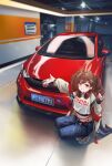  1girl absurdres ahoge blue_pants brown_hair car commentary_request crop_top cropped_shirt denim drill_hair fr-ee-dom hair_ornament headphones headphones_around_neck highres honda honda_fit jacket jeans long_sleeves looking_at_viewer midriff motor_vehicle nanami_(virtuareal) navel nijisanji open_clothes open_jacket pants red_nails shirt shoes smile sneakers solo squatting twin_drills twintails vehicle_focus virtual_youtuber virtuareal white_jacket white_shirt yellow_eyes 