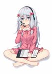  bangs bantian_yindang barefoot blush bow closed_mouth collarbone commentary_request eromanga_sensei eyebrows_visible_through_hair frills full_body hair_between_eyes hair_bow hand_up headphones headset highres indian_style izumi_sagiri long_hair long_sleeves looking_at_viewer pink_bow pink_shorts shadow shorts simple_background sitting solo stylus tablet white_background 