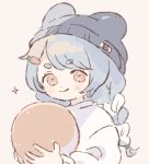  1girl blue_hair blue_hat blush braid brown_eyes carrot_hair_ornament closed_mouth commentary_request dot_nose food-themed_hair_ornament grey_background hair_ornament hat hololive long_hair long_sleeves multicolored_hair nishida_yume simple_background smile solo sparkle sweater swept_bangs thick_eyebrows two-tone_hair upper_body usada_pekora virtual_youtuber white_hair white_sweater 