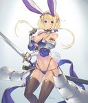  alternate_costume animal_ears armor bare_shoulders bikini_armor blonde_hair blue_eyes breasts bunny_ears bunny_tail detached_sleeves gloves groin highres large_breasts nadare-san_(nadare3nwm) navel phalanx_(sekaiju) sekaiju_no_meikyuu sekaiju_no_meikyuu_3 solo sword tail thighhighs weapon 