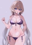  1girl bikini blue_eyes breasts brown_hair cleavage commentary_request front-tie_bikini_top front-tie_top genshin_impact grey_background highres island_lagoon large_breasts looking_at_viewer low_twintails lowleg lowleg_bikini purple_bikini sandrone_(genshin_impact) simple_background solo standing swimsuit twintails 