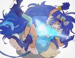  air_guitar animal_ears blue_choker blue_eyes blue_gloves blue_hair blurry boots choker commentary_request crown cure_gelato depth_of_field earrings extra_ears food_themed_hair_ornament full_body gloves hair_ornament half-closed_eye highres jewelry kebe6p kirakira_precure_a_la_mode lion_ears lion_tail long_hair magical_girl mismatched_footwear open_mouth precure simple_background smile solo tail tategami_aoi thighs 
