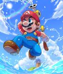  1boy blue_eyes blue_overalls blue_sky brown_hair brown_shoes cloud commentary_request day f.l.u.d.d. facial_hair ferris_wheel full_body gloves hat highres hill large_nose mario mario_(series) mismatched_facial_hair mustache ocean open_mouth outdoors overalls red_hat red_shirt running shirt shoes short_hair short_sleeves sky smile splashing super_mario_sunshine teeth water white_gloves yamari_(ya_mari_6363) 