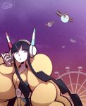  1girl :o black_hair blue_eyes coat commentary elesa_(pokemon) english_commentary evening eyelashes ferris_wheel floating headphones holding long_hair magnemite magnet one-eyed open_mouth outdoors poke_ball_theme pokemon pokemon_(creature) pokemon_black_2_and_white_2 puffy_coat richlitch screw signature sky star_(sky) starry_sky twintails very_long_hair yellow_coat 