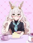  09sdab 1girl ahoge animal_ears biwa_hayahide_(casual)_(umamusume) biwa_hayahide_(umamusume) black_sweater blush cake cake_slice character_name commentary_request cup dated ear_ornament eyelashes food fork glasses hair_ornament hand_up happy_birthday highres holding holding_fork horse_ears long_hair looking_at_viewer red-framed_eyewear smile solo sweater teacup turtleneck turtleneck_sweater umamusume white_hair 