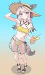  1girl absurdres alternate_costume animal_ear_fluff animal_ears arknights bare_shoulders bikini black_sandals black_sarong blue_background blush breasts bright_pupils cleavage closed_mouth collarbone commentary_request cup ears_through_headwear eggplant7217 frostleaf_(arknights) full_body gradient_hair grey_hair hand_on_headwear hat headphones highres holding holding_cup large_hat legs long_hair material_growth medium_breasts multicolored_bikini multicolored_hair navel oripathy_lesion_(arknights) polka_dot polka_dot_bikini red_eyes sandals sarong see-through_clothes see-through_sarong simple_background solo straw_hat swimsuit tail two-tone_bikini white_bikini white_pupils yellow_background yellow_bikini 