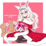  09sdab 1girl ahoge anemone_(flower) animal_ears biwa_hayahide_(rouge_caroler)_(umamusume) biwa_hayahide_(umamusume) black_pantyhose blue_gem border bouquet brooch collarbone commentary_request daisy_(flower) dated dress ear_ornament flower gem gingerbread_cookie glasses happy_birthday highres holding holding_bouquet holding_flower horse_ears jewelry long_hair notice_lines outline outside_border pantyhose pink_flower red-framed_eyewear red_dress red_flower sleeveless sleeveless_dress smile solo tiara umamusume white_border white_flower white_hair white_outline 