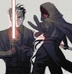  1boy batman_(series) black_bodysuit black_gloves black_hair bodysuit crossover dc_comics energy_sword gloves highres holding holding_weapon jason_todd lightsaber male_focus mask muscular muscular_male red_hood_(dc) red_lightsaber red_mask short_hair sith star_wars sword weapon wiwuwiwiw 