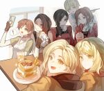  6+girls absurdres ada_wong ashley_graham blonde_hair cellphone claire_redfield coffee_mug commentary cup eating food grace_ashcroft haobuguniao headband highres holding holding_phone in-franchise_crossover jill_valentine mug multiple_girls open_mouth parfait phone ponytail rebecca_chambers resident_evil resident_evil_0 resident_evil_2 resident_evil_2_(remake) resident_evil_3:_nemesis resident_evil_3_(remake) resident_evil_4 resident_evil_4_(remake) resident_evil_6 resident_evil_requiem sandwich selfie sherry_birkin short_hair smartphone smile table 