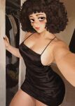  1girl absurdres afro bags_under_eyes black_dress black_eyes black_nails blunt_bangs breasts brown_hair casato cleavage coily_hair commentary curly_hair curvy dress ellie_(casato) english_commentary highres kinky_hair looking_at_viewer medium_breasts medium_hair original selfie solo standing thick_thighs thighs wardrobe 