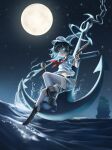  1girl absurdres anchor anchor_symbol aqua_eyes belt black_belt black_boots black_hair boots chain collared_shirt commentary_request expressionless floating floating_clothes full_body full_moon glowing glowing_eyes gold_chain gun hat highres holding holding_gun holding_ladle holding_weapon kneehighs ladle liefeng_dm looking_at_viewer midriff moon murasa_minamitsu neckerchief night ocean outdoors red_neckerchief sailor_hat ship shirt short_hair short_sleeves shorts sky socks solo star_(sky) touhou wallet_chain water watercraft weapon white_hat white_shirt white_shorts white_socks 