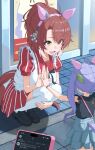  2girls absurdres ahoge animal_ears apron black_bow black_shirt black_shoes blue_skirt bow breasts brown_eyes brown_hair cellphone checkered_ribbon commentary_request dantsu_flame_(umamusume) dress ear_covers ear_ribbon employee_uniform fast_food_uniform hair_between_eyes hairband highres hitempo horse_ears horse_girl horse_tail kfc large_breasts multicolored_hair multiple_girls official_alternate_costume open_mouth phone pink_hairband purple_hair red_dress shirt shoes short_sleeves skirt smartphone smile squatting striped_clothes striped_dress tail thighhighs umamusume vertical-striped_clothes vertical-striped_dress white_apron white_hair white_thighhighs 
