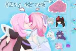  6+girls black_shrug blue_background breasts color_connection commentary company_connection dress elf elysia_(honkai_impact) elysia_(miss_pink_elf)_(honkai_impact) endermonika english_commentary english_text hair_color_connection highres honkai:_star_rail honkai_(series) honkai_impact_3rd kiana_kaslana kiss kiss_meter_(meme) large_breasts long_hair medium_hair meme mihoyo multiple_girls pink_hair pointy_ears raiden_mei remielle_dan shrug_(clothing) simple_background sparkle_(honkai:_star_rail) stelle_(honkai:_star_rail) trailblazer_(honkai:_star_rail) very_long_hair white_dress yuri zenless_zone_zero 