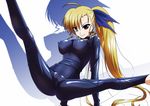  adapted_costume barefoot blonde_hair bodysuit breasts covered_navel covered_nipples heterochromia long_hair looking_at_viewer lyrical_nanoha mahou_shoujo_lyrical_nanoha_vivid medium_breasts older side_ponytail simple_background skin_tight smile solo split spread_legs tappa_(esperanza) vivio 
