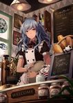  animal_ears baguette basket blue_hair bow bowtie bread cat_ears character_request coffee_beans coffee_maker_(object) comic_fiesta commentary cup flower food hair_ornament hairclip highres holding holding_tray jar kiyo_(chaoschyan) lamp light_bulb long_hair looking_at_viewer menu_board red_bow red_neckwear red_ribbon ribbon smile solo teacup tray yellow_eyes 