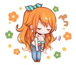  1girl bikini bikini_top_only blue_pants blush bow bracelet breasts cleavage closed_eyes closed_mouth collarbone commentary_request denim earrings flower green_bikini green_bow green_flower hair_bow halterneck high_ponytail jeans jewelry large_breasts log_pose long_hair lowres nami_(one_piece) one_piece orange_flower orange_hair pants pearl_earrings ponytail sazinizas smile solo standing swimsuit wavy_hair 