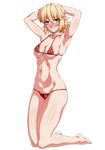  alternate_costume armpits arms_behind_head arms_up bad_id bad_twitter_id bangs bare_arms bare_legs bare_shoulders barefoot bikini blonde_hair blush breasts closed_mouth collarbone commentary_request frown full_body green_eyes groin highres kneeling looking_at_viewer medium_breasts mizuhashi_parsee navel nose_blush ootsuki_wataru pointy_ears red_bikini short_hair sideboob solo stomach swimsuit thighs toned touhou transparent_background underboob wavy_mouth 