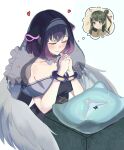  2girls absurdres akiha_school_uniform angel_wings animal_ears bang_dream! bang_dream!_yumemita bare_shoulders black_corset black_dress black_veil blush bob_cut bowed_wings bracelet closed_eyes closed_mouth collarbone commentary corset counter cross-laced_clothes cross-laced_corset crotch_seam detached_collar dot_nose dress fake_animal_ears falling_petals feathered_wings frilled_veil frills fuji_miyako gradient_hair green_eyes green_hair grey_wings hair_bun hair_ornament hairband hairclip heart highres hsiao_yeh imagining implied_yuri interlocked_fingers jewelry light_smile loving_aura multicolored_hair multiple_girls off-shoulder_dress off_shoulder one_side_up own_hands_clasped own_hands_together panties petals pink_petals praying purple_hair school_uniform see-through_clothes see-through_veil short_hair side-tie_panties side_up_bun sidelocks single_side_bun solo_focus sparkle sparkling_aura speech_bubble spoken_character star_pendant thought_bubble triangle_hair_ornament u_u underbust underwear unworn_panties upper_body veil viola_(bang_dream!) white_hairband white_panties wings worship x_hair_ornament 