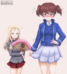  2girls absurdres alisa_(girls_und_panzer) artist_name bc_freedom_(emblem) bc_freedom_military_uniform blonde_hair blue_eyes blue_jacket blush brown_eyes brown_hair cosplay costume_switch drill_hair emblem folding_fan freckles girls_und_panzer grey_jacket hair_ornament hand_fan hattorin highres jacket marie_(girls_und_panzer) multiple_girls pleated_skirt red_skirt saunders_school_uniform school_uniform simple_background skirt standing star_(symbol) star_hair_ornament twintails white_skirt 