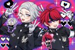  2boys :d ? @_@ ahoge aotsuki_eito armband black_jacket black_streaks blue_eyes chibi chibi_inset commentary_request double_v eyeliner gakuran glasses gloves grey_eyes grey_hair heart hole_in_chest hole_on_body jacket last_defense_academy_school_uniform looking_at_viewer makeup male_focus multicolored_hair multiple_boys one_eye_closed pixel_heart purple_background red_background red_eyeliner red_hair school_uniform short_hair smile spoken_heart streaked_hair sumino_takumi sweatdrop the_hundred_line_-last_defense_academy- two-tone_hair v wa_ga_ne white_armband white_gloves 