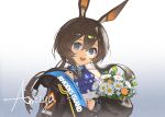  1girl amiya_(arknights) animal_ears arknights ascot bare_shoulders black_jacket blue_collar blue_eyes brown_hair character_name chinese_commentary collar commentary_request flower frilled_ascot frills gradient_background hair_between_eyes highres holding holding_flower hood hooded_jacket jacket jewelry long_hair long_sidelocks long_sleeves looking_at_viewer multiple_rings open_clothes open_mouth purple_ascot rabbit_ears rabbit_girl ring ring_on_every_finger sidelocks simple_background solo thumb_ring upper_body xiao_xiao_xin 
