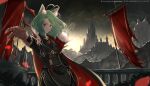  1girl absurdres ahoge animal_ear_fluff animal_ears banner black_dress castle cat_ears cat_girl coat commentary dress english_commentary gauntlets girl_dm girl_dm_(villainess) green_hair heart heart_ahoge heterochromia highres indie_virtual_youtuber looking_at_viewer medium_hair predatorstudioart red_eyes single_gauntlet solo virtual_youtuber yellow_eyes 