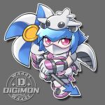  1girl airplane_hair_ornament armor artist_logo blue_hair bodysuit boots breasts chibi commentary covered_mouth digimon digimon_(creature) elbow_gloves full_body gloves grey_background hair_between_eyes holding holding_pinwheel jetsilphymon logo looking_at_viewer mask mechanical_wings medium_breasts mouth_mask ninja_mask pants pinwheel red_eyes shadow short_hair sidelocks simple_background solo thrusters w4441 weapon white_bodysuit white_boots white_gloves white_mask white_pants wings 
