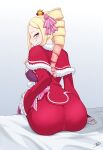  1girl alternate_breast_size_(larger) ass beatrice_(re:zero) bed_sheet blonde_hair blush breasts butterfly-shaped_pupils capelet closed_mouth colored_tips commentary crown drill_hair english_commentary from_behind fur-trimmed_capelet fur_trim gradient_background grey_background hair_ribbon highres large_breasts long_hair long_sleeves looking_at_viewer looking_back miarin141 mini_crown multicolored_hair pink_ribbon re:zero_kara_hajimeru_isekai_seikatsu red_capelet red_shirt red_skirt ribbon seductive_smile shirt signature sitting skirt smile solo symbol-shaped_pupils twin_drills 