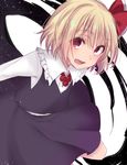  :d asa_(coco) bangs black_skirt black_vest blonde_hair blush commentary_request darkness dress_shirt fang hair_ribbon looking_at_viewer neck_ribbon open_mouth outstretched_arms red_eyes red_ribbon ribbon rumia shirt short_hair skirt skirt_set smile solo spread_arms touhou vest white_shirt 
