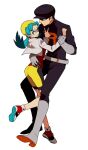  1boy 1girl arm_around_another's_waist bad_id bad_pixiv_id belt black_hair black_hat black_pants black_sweater boots cardigan elbow_gloves facing_another gloves grabbing_another's_arm green_eyes green_hair grey_belt grey_boots grey_gloves grin hand_on_another's_back hand_on_another's_shoulder hand_on_another's_waist hat knee_boots kris_(pokemon) leaning_on_person leg_between_thighs li_sakura looking_at_another looking_back looking_to_the_side low_twintails nervous nervous_sweating newsboy_cap open_cardigan open_clothes pants parted_bangs partially_shaded_face pokemon pokemon_gold/silver/crystal red_shirt shirt shoes shorts smile sneakers sweat sweater team_rocket team_rocket_grunt team_rocket_uniform turning_head twintails white_background white_cardigan yellow_shorts 