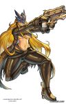  1girl absurdres artist_name beelstarmon black_pants blonde_hair breasts commentary commission digimon digimon_(creature) digimon_story:_time_stranger english_commentary eye_mask full_body gabri3larts gun highres holding holding_gun holding_weapon large_breasts long_hair mask navel pants pink_eyes pink_lips solo twitter_username underboob weapon 