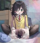  1girl absurdres bags_under_eyes black_hair black_pantyhose blazer blush blush_stickers butterfly_sitting collared_shirt d: feet flying_sweatdrops foot_focus foot_pussy green_eyes hair_between_eyes hands_on_feet highres holding_own_foot indoors jacket kagana_helsuki knees_apart_feet_together kuroki_tomoko long_hair long_sleeves looking_at_viewer messy_hair necktie nervous no_shoes open_mouth pantyhose red_necktie school_uniform see-through_clothes see-through_pantyhose shirt shoboon sitting smell solo steaming_body sweat teeth toe_seam toes upper_teeth_only very_sweaty watashi_ga_motenai_no_wa_dou_kangaetemo_omaera_ga_warui! white_shirt yellow_jacket 