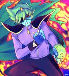 1boy angry armor black_pants blue_gloves blue_hairband blue_skin cape captain_spaceboy clenched_teeth colored_skin commentary cowboy_shot double-parted_bangs energy_gun english_commentary eyepatch fingerless_gloves gem gloves green_cape green_hair hair_between_eyes hairband hand_on_own_chest highres holding holding_energy_gun holding_weapon jacket k0re_drawings long_sleeves looking_at_viewer male_focus official_alternate_hair_color omori one_eye_covered outline pants pink_background purple_jacket ray_gun red_eyes red_outline shaded_face short_hair shoulder_armor simple_background solo standing teeth torn_cape torn_clothes turtleneck turtleneck_jacket weapon yellow_gem yellow_trim zipper 